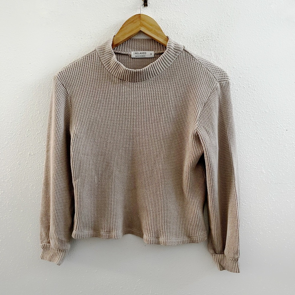 LA RELAXED Waffle Long Sleeve Mock Neck Top Size Medium